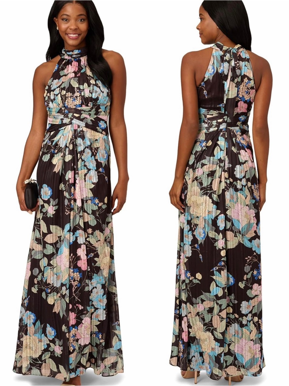 Adrianna Papell Women's Chiffon Floral Print Metallic Halter Gown Maxi Dress 6